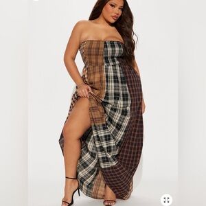 Plus Size Strapless Plaid Maxi Dress in Brown and Black